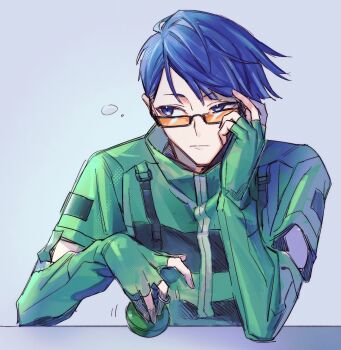 Rule 34 | 1boy, :|, black-framed eyewear, blue eyes, blue hair, closed mouth, detached sleeves, explosive, facing viewer, fingerless gloves, glasses, gloves, green jacket, grenade, grey background, hand on own face, highres, jacket, looking to the side, male focus, orange-tinted eyewear, persona, persona 3, rectangular eyewear, shirato jin, short hair, simple background, solo, striped clothes, striped jacket, tinted eyewear, tkjnbrnrt