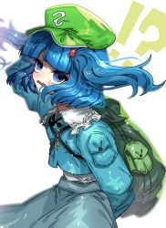 Rule 34 | !?, 1girl, absurdres, backpack, bag, blue eyes, blue footwear, blue hair, blue skirt, blunt bangs, commentary request, flat cap, green hat, hair bobbles, hair ornament, hat, highres, ichirugi, kawashiro nitori, key, long sleeves, looking at viewer, open mouth, pocket, simple background, skirt, solo, sweatdrop, touhou, two side up, white background