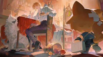 2boys absurdres animal_ears apple bandaid bandaid_on_head bandaid_on_tail black_gloves black_pants black_shoes blonde_hair blue_eyes blue_shirt briefcase cake candlestand cat_ears cat_tail chibi chibi_inset crossed_bandaids eating fingerless_gloves food fork frilled_shirt frilled_shirt_collar frills fruit full_body gloves grapes hair_between_eyes highres holding holding_briefcase holding_cake holding_food holding_fork humidifier_xd leon_s._kennedy male_focus multiple_boys open_mouth orange_(fruit) pants resident_evil resident_evil_4 shirt shoes short_hair sitting table tail wet wet_hair white_shirt white_wolf yellow_eyes