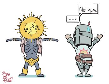 2boys armor arms_up artist_name belt bracelet brown_belt cape colored_skin commentary dark_souls_(series) dialogue_box elden_ring english_commentary english_text facing_viewer gold_bracelet goldmask's_mask goldmask_(elden_ring) grey_skin helmet highres jewelry knight leg_warmers loincloth looking_at_another looking_at_viewer male_focus mask multiple_boys outstretched_arms praise_the_sun side-by-side sirspoonplant solaire_of_astora sun_print t-pose tabard torn_clothes white_background white_cape yellow_leg_warmers