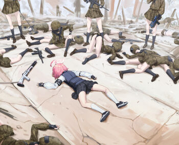 6+girls absurdres after_battle ahoge black_gloves black_neckerchief black_panties black_socks blue_archive bulletproof_vest commentary_request defeat fingerless_gloves gloves green_serafuku gun halo helmet highres holding holding_gun holding_weapon hoshino_(blue_archive) kumachi_(aikawaakeya) long_hair lying military_uniform multiple_girls neckerchief on_stomach panties pink_hair plaid_clothes plaid_skirt pleated_skirt school_uniform serafuku shirt shoes skindentation skirt sneakers socks spread_legs underwear weapon white_shirt white_socks