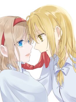 2girls absurdres alice_margatroid blonde_hair blue_eyes bow braid breasts brown_hair closed_mouth collared_shirt commentary_request eyes_visible_through_hair hair_between_eyes hair_bow hairband highres kirisame_marisa long_hair long_sleeves looking_at_another medium_breasts multiple_girls necktie no_headwear open_mouth red_hairband red_necktie shirt short_hair simple_background single_braid smile touhou tsuno_no_hito upper_body white_background white_bow white_shirt yellow_eyes yuri