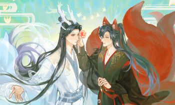 2boys absurdres animal_ear_fluff animal_ears bird bishounen black_hair black_hanfu blue_sash chinese_clothes closed_mouth couple diaomaoxiaoheidaoliangquanban dragon_boy dragon_horns dragon_tail eastern_dragon_horns eye_contact floating_clothes floating_hair flower fox_boy fox_ears fox_tail hair_ribbon hand_on_another's_cheek hand_on_another's_face hand_up hanfu headband high_ponytail highres holding holding_flower horns kemonomimi_mode kitsune kyuubi lan_wangji long_hair long_sleeves looking_at_another male_focus modao_zushi multicolored_hair multiple_boys multiple_tails outstretched_arm parted_lips ponytail red_eyes red_flower red_hanfu red_ribbon red_sash ribbon robe sash shawl sidelocks smile standing tail topknot upper_body very_long_hair wei_wuxian white_headband white_shawl wide_sleeves xiao_guan_(headdress) yaoi yaopei yellow_eyes