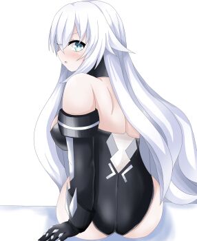 ass back back_muscles bare_shoulders black_heart_(neptunia) blush bodysuit boots breasts curious flustered gloves green_eyes highres legs long_hair matrixjudge medium_breasts neptune_(series) noire_(neptunia) open_mouth sitting solo surprised thighs tsundere white_hair