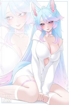 1girl ahoge animal_ears artist_name blue_eyes blue_hair breasts buttons cleavage collar collarbone heart heart-shaped_pupils highres hissnokiss indie_virtual_youtuber kneehighs long_hair pink_collar pink_nails shirt silvervale socks solo symbol-shaped_pupils tail tongue virtual_youtuber white_shirt wolf_ears wolf_girl wolf_tail