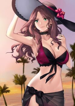 1girl armpits bikini blurry blurry_background breasts brown_hair cleavage dorothea_arnault dorothea_arnault_(summer) fire_emblem fire_emblem:_three_houses fire_emblem_heroes flower green_eyes hat hat_flower highres j@ck large_breasts long_hair nail_polish navel nintendo palm_tree sarong see-through_clothes smile solo stomach sun_hat swimsuit tree