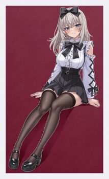 Rule 34 | aadka5, absurdres, black bow, black shoes, black skirt, blonde hair, blue eyes, blush, border, bow, commentary, english commentary, floating hair, frilled sleeves, frills, girls und panzer, grey border, hair bow, head tilt, heart belt buckle, highres, itsumi erika, jirai kei, red background, shirt, shoes, skirt, thighhighs, white shirt, zettai ryouiki