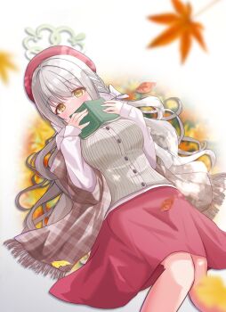 1girl autumn_leaves beret blue_archive blush book bow braid checkered_clothes checkered_scarf grey_hair hair_bow hair_ribbon halo hat highres holding holding_book leaf long_hair looking_at_viewer lying miyo_(blue_archive) multicolored_hair on_back red_hat red_skirt ribbon ribbon_braid scarf skirt solo two-tone_hair white-haired_man_(jimini_shijimi) white_bow yasutarou yellow_eyes