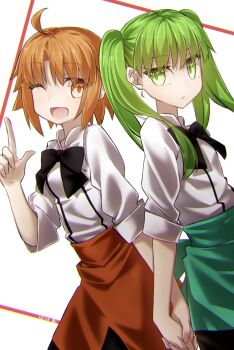 2girls ahoge apron black_skirt bow bowtie breasts green_apron green_eyes green_hair hibino_hibiki highres holding_hands katsuragi_chikagi long_hair long_sleeves looking_at_viewer mahou_tsukai_no_hako multiple_girls one_eye_closed open_mouth orange_apron orange_eyes orange_hair shirt short_hair skirt sleeves_rolled_up small_breasts smile twintails white_shirt yubeshi_(zecxl)