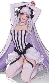 1girl absurdres arms_up black_bow blush bow braid breasts choker cleavage commentary dress fate_(series) francesca_prelati_(fate) frilled_choker frills full_body garter_straps hair_bow highres kneeling long_braid long_hair looking_at_viewer medium_breasts multiple_hair_bows open_mouth paid_reward_available patreon_username purple_eyes quilm signature simple_background sleeves_past_wrists smile solo teeth thighhighs upper_teeth_only very_long_hair white_background white_choker white_hair white_thighhighs