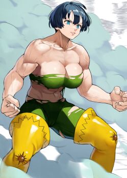 1girl abs absurdres bare_shoulders black_hair blue_eyes bodysuit breasts cameltoe cleavage_cutout clothing_cutout convenient_censoring dust female_focus fighting_stance gawain_(mokushiroku_no_yonkishi) hand_on_own_hip highres large_breasts looking_at_viewer midriff mokushiroku_no_yonkishi muscular muscular_arms muscular_female muscular_legs nanatsu_no_taizai navel partially_undressed pointing pout red_background short_hair sideboob smile solo tight_clothes torn_clothes veins yoshio_(55level)