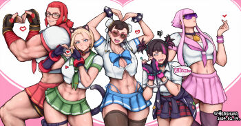 5girls abs alternate_costume artist_name biceps breasts bursting_breasts cammy_white capcom chun-li commentary crop_top cuffs dated embarrassed english_commentary english_text finger_heart flexing glasses han_juri handcuffs heart heart_arms heart_hands hershuar large_breasts looking_at_viewer manon_legrand marisa_(street_fighter) miniskirt multiple_girls muscular muscular_female navel sailor_collar shorts shorts_under_skirt skirt smile squiggle stomach street_fighter street_fighter_6 sunglasses tall_female thick_thighs thighhighs thighs thong toned toned_female twitter_username