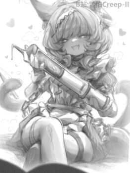 1girl :d animal_ears arknights bilibili_username braid cat_ears chinese_commentary commentary crossed_legs fang greyscale haze_(arknights) heart highres kupa_(jesterwii) large_syringe looking_at_viewer monochrome open_mouth oversized_object sitting skin_fang smile syringe tail twin_braids