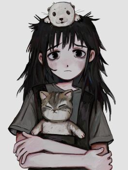 1girl absurdres animal animal_on_head black_eyes black_hair cat commentary commission crossed_arms english_commentary fffkorobka frown highres long_hair looking_at_viewer on_head original otter overalls short_sleeves solo upper_body