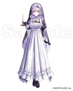 1girl black_boots black_gloves boots candle closed_mouth dress full_body gloves hair_between_eyes hand_up hyakumantenbara_salome hyakumantenbara_salome_(4th_costume) long_dress long_hair long_sleeves looking_at_viewer nijisanji nun official_art purple_eyes sample_watermark simple_background smile solo standing virtual_youtuber wata_(attaka_towel) watermark white_background