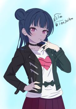 1girl absurdres black_choker black_jacket blue_hair choker collarbone commentary_request cowboy_shot frown hair_bun hand_on_own_hip hand_to_own_mouth heart heart_print highres jacket long_hair long_sleeves looking_at_viewer love_live! love_live!_sunshine!! open_clothes open_jacket pink_eyes pleated_skirt print_shirt purple_skirt shirt single_side_bun skirt solo taedelame tsushima_yoshiko twitter_username v-shaped_eyebrows white_shirt