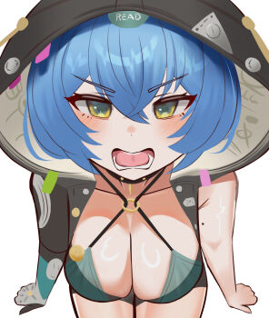 1girl absurdres black_unitard blue_hair blush breasts choker cleavage collarbone commentary_request green_eyes hair_between_eyes highres hood hood_up large_breasts leaning_forward looking_at_viewer lucia_elowen n_nyoshizawa open_mouth short_hair simple_background solo teeth tongue upper_body upper_teeth_only white_background yellow_eyes zenless_zone_zero