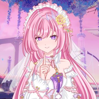 1girl absurdres bare_shoulders breasts bridal_veil chinese_commentary commentary_request detached_sleeves diamond-shaped_pupils diamond_(shape) dress elf elysia_(herrscher_of_human:_ego)_(honkai_impact) elysia_(honkai_impact) game_screenshot_background highres honkai_(series) honkai_impact_3rd large_breasts long_hair looking_at_viewer mofa_yaojing_xiaojie multicolored_hair parted_lips pink_hair pink_sky pointy_ears purple_eyes screenshot_background sky smile solo symbol-shaped_pupils teeth two-tone_hair upper_teeth_only veil very_long_hair white_dress white_hair