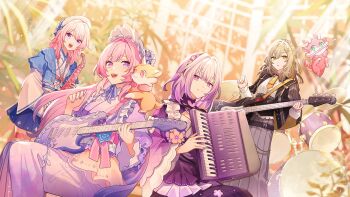 4girls castorice_(honkai:_star_rail) closed_mouth cyrene_(honkai:_star_rail) cyrene_(ripples_of_past_reverie)_(honkai:_star_rail) grey_hair highres holding holding_instrument honkai:_star_rail honkai_(series) hoyofair instrument japanese_clothes long_hair long_sleeves looking_at_viewer march_7th_(honkai:_star_rail) multiple_girls music open_mouth parted_lips pink_hair playing_instrument pointy_ears purple_eyes purple_hair smile stelle_(honkai:_star_rail) tama_(songe) teeth trailblazer_(honkai:_star_rail) upper_teeth_only wide_sleeves yellow_eyes