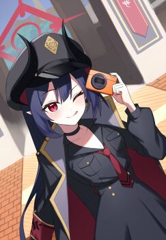 1girl absurdres armband axokim black_choker blue_archive blue_jacket blue_shirt camera chiaki_(blue_archive) choker commentary_request demon_girl demon_horns hair_between_eyes halo hat highres holding holding_camera horns jacket korean_commentary necktie one_eye_closed open_clothes open_shirt peaked_cap purple_hair red_armband red_eyes red_halo red_necktie shirt solo