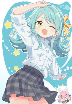 >_< 2girls :d ;d absurdres amaori_renako apron aqua_hair arm_up black201_wav black_bow black_bowtie black_dress black_skirt blue_background blush border bow bowtie buttons chibi closed_eyes commentary_request cowboy_shot dress hair_ornament hair_ribbon hairclip highres koyanagi_kaho long_hair long_sleeves maid maid_headdress miniskirt multiple_girls one_eye_closed open_mouth outline outside_border parallel_hairclips pink_hair plaid_clothes plaid_skirt pleated_skirt ribbon shirt short_sleeves skirt smile star_(symbol) watashi_ga_koibito_ni_nareru_wake_naijan_murimuri! white_apron white_border white_outline white_shirt x_hair_ornament xd yellow_eyes yellow_ribbon