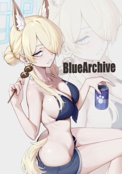 1girl absurdres alternate_costume alternate_hairstyle animal_ear_fluff animal_ears aqua_halo bags_under_eyes bare_shoulders bikini bikini_top_only blonde_hair blue_archive blue_bikini blue_eyes blue_shorts breasts butt_crack can cleavage collarbone commentary copyright_name denim denim_shorts dog_ears dog_girl dog_tail drink drink_can extra_ears feet_out_of_frame food front-tie_bikini_top front-tie_top grey_background hair_bun hair_over_one_eye halo highres holding holding_can holding_drink holding_food holding_skewer irain kanna_(blue_archive) large_breasts long_hair looking_at_viewer notched_ear one_eye_closed parted_lips sharp_teeth short_shorts shorts single_hair_bun sitting skewer solo swimsuit symbol-only_commentary tail teeth triangle_mouth zoom_layer