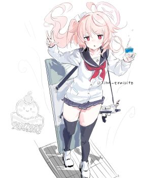 1girl absurdres ahoge artist_name black_sailor_collar black_skirt black_thighhighs blue_archive bright_pupils candy_moon777 commentary_request drink_carton floating_hair from_above gun hair_between_eyes halo hand_up highres holding holding_milk_carton long_hair milk_carton natsu_(blue_archive) neckerchief one_side_up pink_hair pink_halo red_eyes red_neckerchief riot_shield sailor_collar shield shield_on_back shirt skirt solo standing submachine_gun thighhighs triangle_mouth w weapon white_shirt