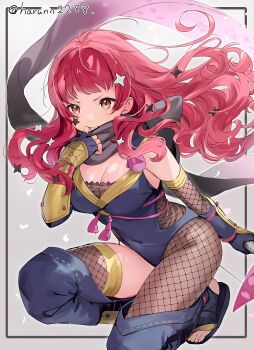 1girl absurdres arm_guards asymmetrical_legwear black_scarf bodystocking breasts cleavage covered_navel facial_mark fire_emblem fire_emblem_engage fire_emblem_heroes fishnet_bodystocking fishnet_thighhighs fishnets hair_ornament haru_(nakajou-28) highres japanese_clothes large_breasts long_hair ninja nintendo official_alternate_costume open_mouth red_eyes red_hair sandals scarf scarf_pull shuriken shuriken_hair_ornament single_thighhigh solo star_(symbol) star_facial_mark star_hair_ornament teeth thighhighs thighs weapon yunaka_(fire_emblem) yunaka_(stealthy_imitator)_(fire_emblem)
