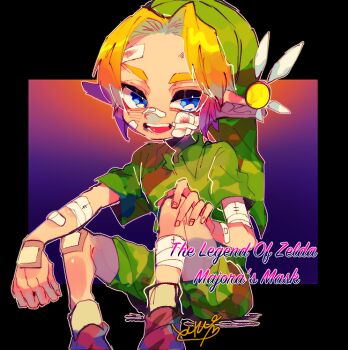 1boy 1girl belt blonde_hair blue_eyes commentary_request green_hat hat link looking_at_viewer male_focus navi nintendo pointy_ears repikinoko short_hair solo the_legend_of_zelda the_legend_of_zelda:_ocarina_of_time tunic young_link