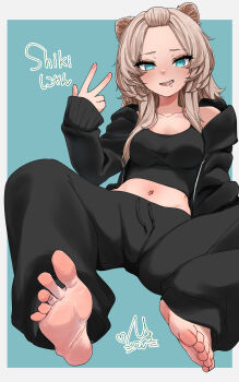 1girl absurdres animal_ears barefoot blonde_hair blue_eyes blush feet highres hisuifootfetish long_hair looking_at_viewer open_mouth soles toes v