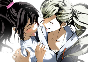 2girls black_hair black_jacket blonde_hair blush breasts cleavage closed_eyes collarbone facing_another hair_ornament hair_tie hairclip hand_on_another&#039;s_shoulder hand_up high_ponytail highres hug jacket large_breasts multiple_girls open_mouth persona persona_5 ponytail portrait sa1meunegg shirt simple_background smile suzui_shiho takamaki_anne turtleneck turtleneck_shirt white_background white_shirt yuri