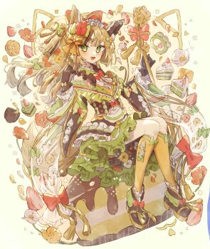 Rule 34 | 1girl, :d, animal ear fluff, animal ears, black gloves, blonde hair, blunt bangs, blunt ends, blush, bow, bowtie, brown shoes, cake, cake slice, commentary, dress, flower, food, fox ears, fox girl, fox tail, fruit, full body, glove bow, gloves, green bow, green dress, green eyes, hair bow, hair flower, hair ornament, highres, kneehighs, long hair, long sleeves, looking at viewer, open mouth, original, red bow, red bowtie, red flower, shoes, sitting, smile, socks, solo, strawberry, symbol-only commentary, tail, thick eyebrows, tsukumi bis, twitter username, wide sleeves, yellow bow, yellow socks