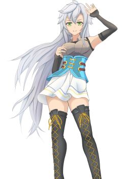 Rule 34 | 1girl, black sleeves, breasts, commentary request, curtained hair, eiyuu densetsu, fie claussell, green eyes, highres, light smile, long hair, looking at viewer, sen no kiseki (series), simple background, sirakaba324, skirt, small breasts, thighhighs, white hair, white skirt