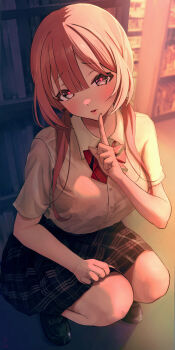 1girl absurdres amayui_moka backlighting black_shoes black_skirt blush book bookshelf bow bowtie breasts collared_shirt dress_shirt finger_to_mouth full_body grey_eyes highres index_finger_raised indoors large_breasts library loafers long_hair looking_at_viewer low_twintails medium_skirt naikon parted_lips pink_hair plaid_clothes plaid_skirt red_bow red_bowtie school_uniform shirt shoes shushing skirt solo squatting twintails vspo! white_shirt