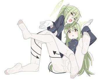 2girls :d :o absurdres ass black_jacket blue_archive buttons commentary_request demon_tail double-breasted fang feet gloves green_hair green_halo half-closed_eyes halo highres hikari_(blue_archive) jacket long_hair long_sleeves looking_at_viewer mangpum_(taro109210) multiple_girls nozomi_(blue_archive) open_mouth panties panties_under_pantyhose pantyhose pointy_ears simple_background skin_fang smile spread_legs tail tail_wrap thighs toes twintails underwear white_background white_gloves white_panties white_pantyhose yellow_eyes