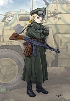 1girl armored_car armored_vehicle artist_name assault_rifle belt black_boots black_hat blonde_hair boots bow brown_bag brown_belt camouflage camouflage_paint closed_mouth coat combat_boots commentary_request crossed_arms day desert_camouflage earrings full_body german_commentary goggles goggles_on_headwear grass green_coat green_hat green_jacket gun gun_sling hair_bow hat highres jacket jewelry leichter_panzerspahwagen long_hair long_sleeves looking_to_the_side low_ponytail machine_gun mg34 mg_g military military_coat military_hat military_uniform military_vehicle mkb42 motor_vehicle nose original outdoors peaked_cap plain_epaulettes ponytail reichsadler rifle sdkfz_222 shovel solo tsurime two-tone_hat watch weapon wehrmacht world_war_ii wristwatch yellow_bow