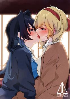 2girls absurdres artist_logo blanc_(studio_artblock) blonde_hair blue_cardigan blue_eyes blue_hair blue_vest breast_press breasts brown_cardigan cardigan collared_shirt commentary eye_contact french_kiss from_side hair_intakes hairband heart heart-shaped_pupils highres hololive hololive_english hololive_indonesia indoors kaela_kovalskia kiss large_breasts logo looking_at_another multiple_girls ouro_kronii red_eyes red_hairband school_uniform shirt symbol-shaped_pupils symmetrical_docking tongue tongue_out vest virtual_youtuber white_shirt yuri