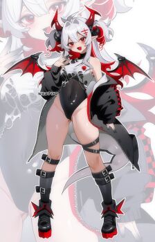 1girl adoptable black_boots black_coat black_socks boots breasts chariko coat colored_inner_hair commentary covered_navel cross_hair_ornament dragon_girl dragon_horns dragon_tail dragon_wings english_commentary fang gluteal_fold hair_intakes hair_ornament highleg highleg_leotard highres horns leotard medium_breasts multicolored_hair off_shoulder open_mouth original platform_boots platform_footwear red_eyes red_hair skin_fang smile socks solo tail thigh_strap two-tone_hair two_side_up white_hair wings zoom_layer