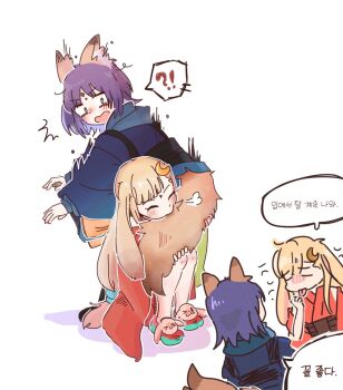 Rule 34 | !?, 2girls, animal ear fluff, animal ears, badak hi, biting another's tail, blonde hair, blue kimono, blush, cho kaguya-hime!, crescent, crescent hair ornament, flinch, fox ears, fox girl, fox tail, grabbing another's tail, green eyes, hair ornament, japanese clothes, kaguya (cho kaguya-hime!), kimono, korean text, lop rabbit ears, medium hair, multiple girls, multiple views, nose blush, purple hair, rabbit ears, red kimono, red shoes, sakayori iroha, shoes, simple background, speech bubble, spoken interrobang, tail, tongue, tongue out, translation request, white background