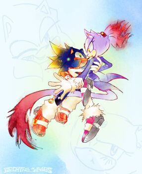 alternate_costume animal_ears arm_around_back blaze_the_cat blush burning_blaze cat_ears cat_girl cat_tail flying forehead_jewel genderswap genderswap_(mtf) green_eyes hedgehog_girl highres looking_at_another neg4tive_w4ves smile sonic_(series) sonic_rush sonic_the_hedgehog super_sonic tail transformation yellow_eyes yuri