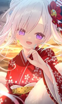 1girl :d airani_iofifteen blue_hair blurry blurry_background commentary_request floral_print floral_print_kimono fur_shawl gradient_hair hair_bun hand_up hololive hololive_indonesia japanese_clothes kimono long_hair looking_at_viewer multicolored_hair new_year obi official_artist_extra open_mouth outdoors pink_hair print_kimono purple_eyes red_kimono sash shawl side_up_bun smile solo swept_bangs twintails upper_body virtual_youtuber white_shawl yano_mitsuki_(nanairo) yellow_sash