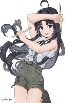 1girl ahoge awa_subaru bare_shoulders black_hair black_shoes black_socks drumsticks frilled_shirt frills girls_band_cry hair_intakes highres holding holding_drumsticks huge_ahoge kiraing_poi long_hair looking_at_viewer open_mouth purple_eyes shirt shoes shorts sleeveless sleeveless_shirt socks teeth tongue twitter_username very_long_hair white_shirt