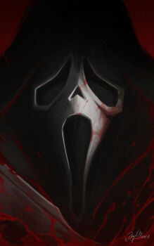 1other absurdres angelmoonlight artist_name black_hood blood facing_viewer ghostface highres hood hood_up mask portrait red_background scream_(movie) solo