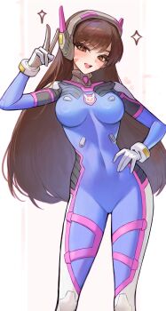 Rule 34 | 1girl, absurdres, animal print, blush, bodysuit, breasts, brown eyes, brown hair, commentary, cowboy shot, d.va (overwatch), facepaint, facial mark, gloves, headphones, highres, holding, lips, long hair, looking at viewer, mecha pilot suit, medium breasts, open mouth, overwatch, rabbit print, skin tight, smile, solo, tnd4015, untranslatable commentary, v, whisker markings, white gloves
