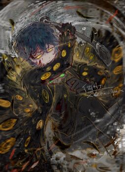 1boy black_coat black_fur black_gloves black_jacket black_pants black_suit blood blood_on_face blue_hair coat commentary diffraction_(e.g.o) e.g.o_(project_moon) english_commentary formal_clothes fur-trimmed_coat fur_trim gloves glowing glowing_eyes highres hohenheim_(project_moon) holding holding_weapon jacket kalliope_orc lamp_(e.g.o) limbus_company male_focus night_vision_device official_alternate_costume pants project_moon short_hair slashing solo suit suit_jacket sweatdrop weapon yellow_eyes