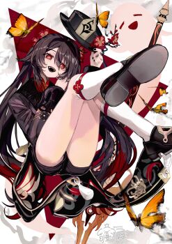 1girl absurdres black_hair black_hat black_nails black_shoes boo_tao_(genshin_impact) bug butterfly flower flower-shaped_pupils full_body genshin_impact ghost gmpoo93 hair_between_eyes hair_flower hair_ornament hat highres holding holding_unworn_clothes holding_unworn_hat hu_tao_(genshin_impact) insect kneehighs long_hair long_sleeves looking_at_viewer nail_polish open_mouth red_eyes shoes simple_background socks solo symbol-shaped_pupils teeth thighhighs twintails unworn_hat unworn_headwear very_long_hair white_background white_socks