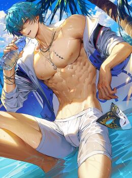 Rule 34 | 1boy, :d, abs, anchor necklace, arm support, bare pectorals, bishounen, blue hair, blue sky, bottle, boxers, bracelet, brant (wuthering waves), earrings, hair between eyes, hand up, holding, holding bottle, jewelry, knee up, light particles, male focus, male underwear, mask, masquerade mask, multicolored hair, navel, necklace, open clothes, open mouth, palm tree, pectorals, purple hair, runa (nori31291404), single bare shoulder, sitting, sky, smile, solo, streaked hair, stud earrings, tacet mark (wuthering waves), toned, toned male, tree, underwear, water bottle, wet, wet clothes, wet hair, wet male underwear, white male underwear, wuthering waves