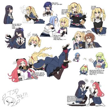 6+girls ? ^_^ absurdres ahoge anger_vein angry ankle_boots aqua_eyes arm_across_waist arm_at_side artist_self-insert assault_lily asymmetrical_gloves bare_shoulders belt black_footwear black_necktie black_pantyhose black_thighhighs blonde_hair blue_capelet blue_cloak blue_eyes blue_hair blue_jacket blue_sailor_collar blue_skirt blush boots braid braided_ponytail breasts broken_heart brown_eyes brown_pantyhose brown_scrunchie bucket buckle capelet chibi clenched_hands cloak closed_eyes collared_shirt commentary_request covered_eyes crop_top cropped_legs cropped_torso cup danji_bang detached_collar detached_sleeves drill_hair drill_sidelocks dual_wielding elbow_gloves epaulettes eye_contact facing_another fingerless_gloves floating_hair food frilled_shirt frills funada_kiito gloves green_eyes green_hair grey_belt grey_shirt hair_between_eyes hair_ornament hair_over_shoulder hairband hairclip hairpods hand_on_another's_arm hand_on_own_hip hand_up hands_up hayami_katsura head_only heart heterochromia high_heel_boots high_heels highres holding holding_bucket holding_cup holding_sword holding_weapon igusa_subaru imamura_yukari_(assault_lily) imminent_hug jacket kawabata_hotaru kawamura_yuzuriha komai_sumire korean_commentary korean_text large_breasts layered_sleeves leaning_forward long_hair long_sleeves looking_ahead looking_at_another looking_at_viewer loose_necktie low_ponytail maruyama_amane medium_breasts midair mismatched_gloves motion_blur multiple_girls multiple_views neck_ribbon neckerchief necktie no_pupils off_shoulder on_one_knee open_hand open_mouth outstretched_arms own_hands_together pantyhose parted_bangs parted_lips pink_ribbon pleated_skirt ponytail popcorn pouncing profile puckered_lips puff_of_air purple_eyes purple_hair purple_neckerchief red_eyes red_footwear red_hair red_hairband ribbon sailor_collar school_uniform scrunchie serafuku shaded_face shiba_tomoshibi shirt shoe_soles short_hair side-by-side side_braid sidelocks sideways_glance simple_background single_braid skirt sleeveless sleeveless_shirt snap-fit_buckle speech_bubble spoken_heart spoken_question_mark sweatdrop sword teacup thighband_pantyhose thighhighs throwing translation_request trembling twintails two-tone_shirt v-shaped_eyebrows v_arms wavy_hair weapon white_background white_gloves wide_sleeves