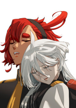 2girls absurdres asticassia_school_uniform black_hairband closed_eyes commentary_request gundam gundam_suisei_no_majo hairband head_on_another&#039;s_shoulder highres jacket korean_commentary long_hair miorine_rembran multiple_girls open_mouth parted_lips school_uniform simple_background sleeping snapagi suletta_mercury white_background white_jacket yuri