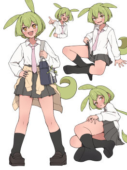 &gt;_&lt; 1girl :d absurdres alternate_costume arm_support bag black_shoes black_socks blush clothes_lift commentary_request fang full_body green_hair grey_skirt highres indian_style laughing lifting_own_clothes long_hair long_sleeves looking_at_viewer lying multiple_views necktie no_shoes open_mouth orange_eyes parted_lips pleated_skirt pointing school_bag school_uniform shirt shoes simple_background sitting skirt skirt_lift smile socks standing tanukifukurou voicevox white_background white_shirt zundamon